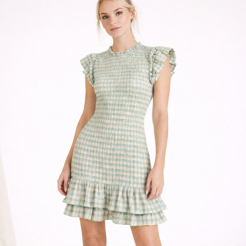 Veronica Beard Cici Smocked Seersucker Mini Dress Ruffle Hem Short Sleeve Size 4